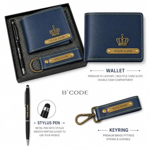 Image of B'Code Personalized Name & Charm Leather Wallet Mens Combo Giftset | Customized Birthday Anniversary Wedding Engagement Office Gifts for Man| Gift for Men| Brothers Raksha Bandhan Present (Blue)
