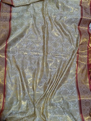 Image of NEW COLLECTION White Red Gold Border Bengali Saree for Women Traditional Kanjivaram Art Soft Silk Garad Durga Puja New Saree Trendy Banarasi Style Red Border Golden Zari Floral Red Blouse