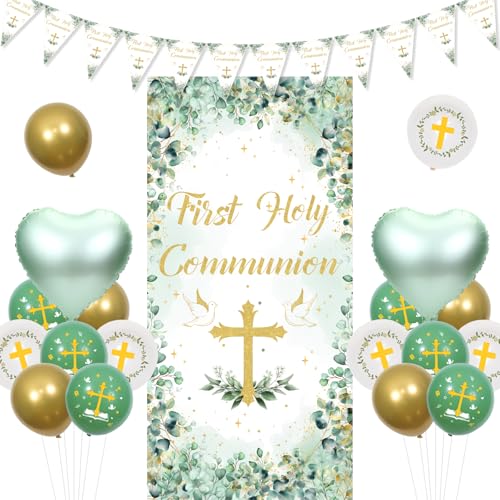 Funmemoir First Holy Communion Decoration Sage Green First Holy Communion Door Cover Bunting Banner Heart Foil Balloons Cross Print Balloons for Christening Baptism Party Decorations