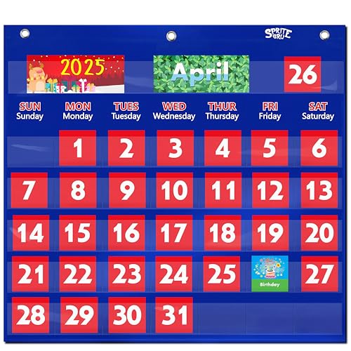 SpriteGru Blue Calendar Pocket Chart with 76 Cards,(68 Illustrated Activity Cards, 8 Dry Erasable Flash Cards and 3 Hooks)