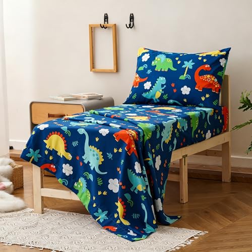 Image of Wellboo Cartoon Toddler Bedding Sets for Girls Boys Dinosaur Green 4 Pieces Soft Crib Bed Set Including Comforter, Sheets and Pillowcase Kids Soft Cute Animals Blue Quilt Warm