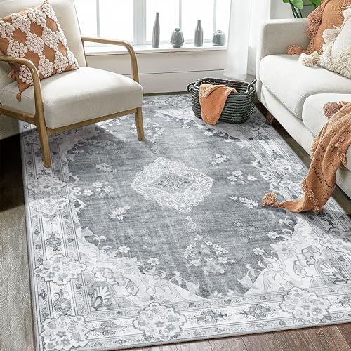 Image of MUJOO Boho Rug 4'x6.5',Grey Area Rugs for Bedroom Living Room Dining Room,Machine Washable Non Slip Carpet Vintage Bohemian Distressed Farmhouse,Floral