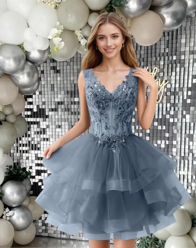Aoruisen Sleeveless Tulle Homecoming Dresses V Neck Lace Appliques Mini Prom Cocktail Dress3