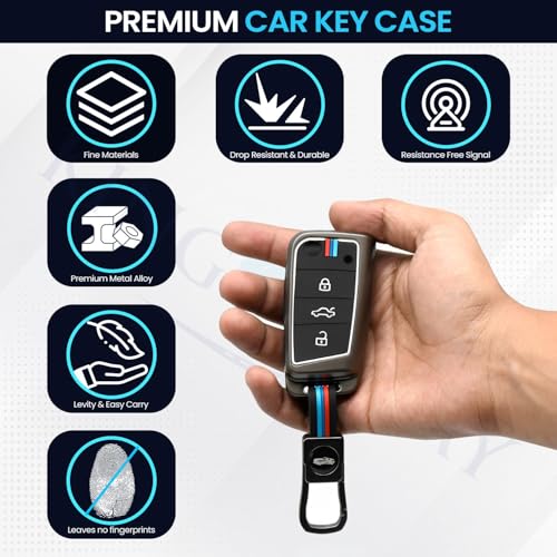 Image of KINGSWAY Volkswagen Car Key Cover and Keychain Perfect Shape and Compatible with 3 Buttons Smart Key of All Volkswagen Cars, Remote Key Shell, Car Key Chain Cover, 360 Protection, Gunmetal Grey