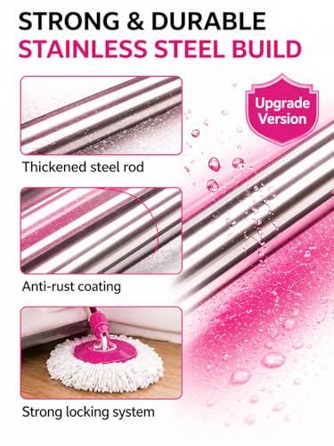 Image of Heavy Duty Stainless Steel Mop Stick with 360 Degree Swivel Head, Extendable Long Handle with 5 Yrs Warranty- Replacement Mop Pole for Floor Cleaning- (Pink-2 Heads)