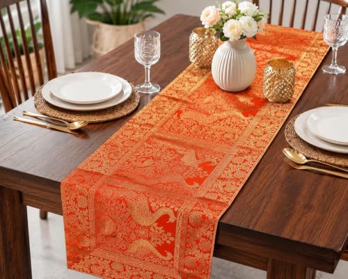 Image of Indian Traditional Decorative Silk Table Runner Kitchen Dining Good Luck Table Cloth for Wedding Bridal Birthday Party Decorations - 60x16 Inches (Light Pink)