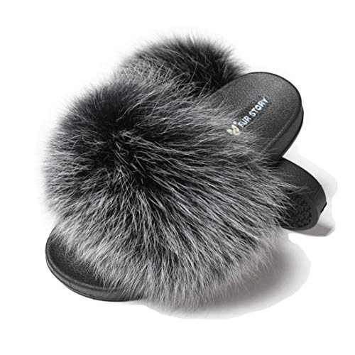 Fur Story Fur Slides Slippers Furry Fuzzy Slides Open Toe Fluffy Slides Fox Fur Feather Sandals Fur Slip On Shoes for Women