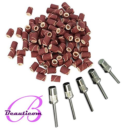 Beauticom ® Extra Coarse Grit #80 Nail Sanding Bands (Fits All Dremel) (Quantity: 100pcs) AND Beauticom Silver 3/32" Mandrel Bit- For Nail Drill/File (Quantity: 5 Pieces)