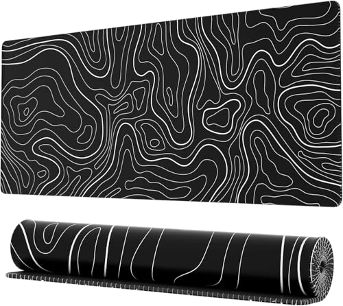 Ovenbird Alfombrilla de ratón para Videojuegos con Bordes cosidos, Mapa topográfico, Negra, XL extendida con Parte Inferior Antideslizante, Microtejido, Goma