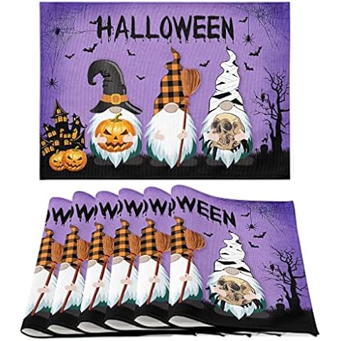 Halloween Placemats Set of 6, Fall Purple Gnome Pumpkin Holiday Party Dining Table Placemats, Square Washable Wipeable Heat Resistant Linen Fabric Cloth Place Mats for Rustic Farmhouse Kitchen Decor Cover