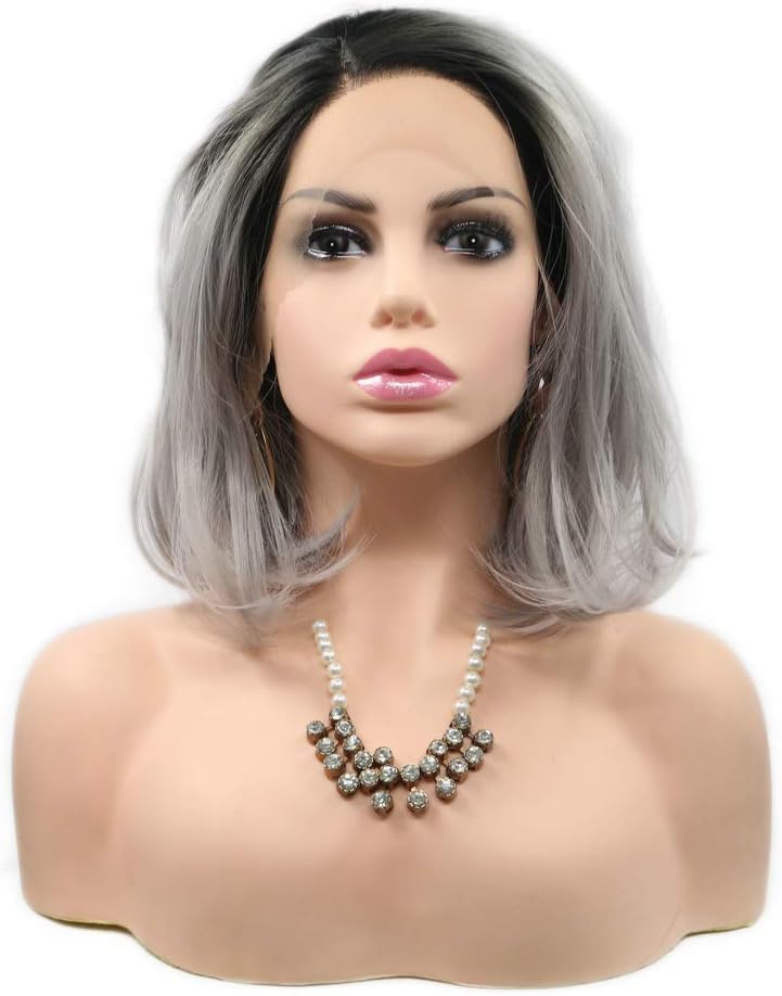 Heat Resistant Shoulder Length Synthetic Lace Front Wigs Short Bob Hair for Drag Queen Black Roots Ombre Grey Wig Summer Pastel Wig 14inches