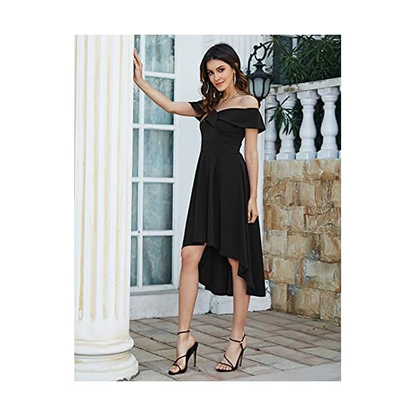JASAMBAC-Womens-Off-Shoulder-High-Low-A-Line-Wedding-Guest-Party-Cocktail-Dress Skater Dress for Women Short Sleeve Off Shoulder Formal Homecoming Vintage A Line Dresses with Pockets Black L