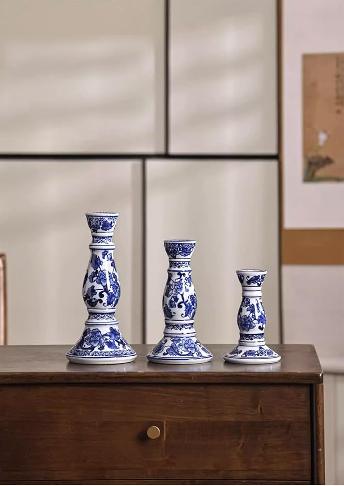 Candelabro De Porcelana Azul Y Blanco Chino Patrón Floral Tradicional Portavelas De Cerámica para Sala De Té Sala Estar Hotel Decoración Hogar Estilo Chino Moderno