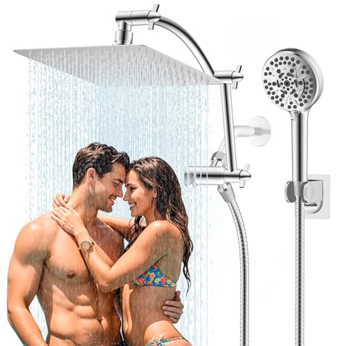 Hibbent All Metal cUPC Certified Shower Head, 10'' High Pressure Rainfall Shower Head, Handheld Showerhead Combo with 16'' Adjustable Extension Arm, 10 Sprays, 71'' Hose, Showerhead Holder,