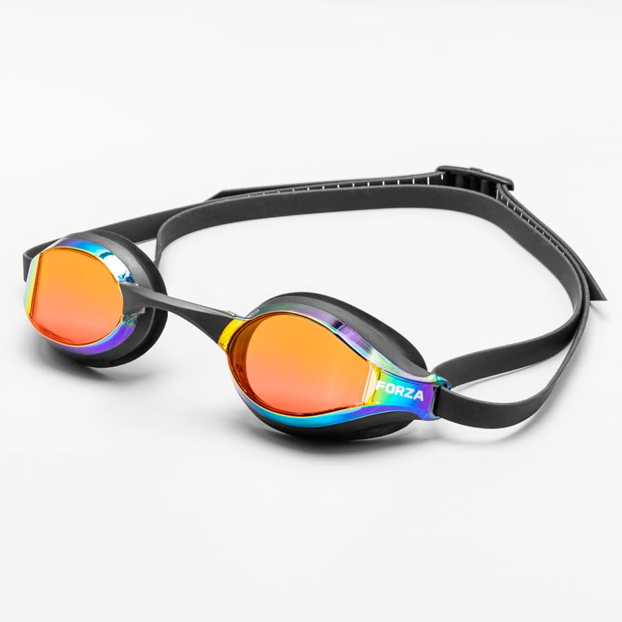 FORZA Adult Swimming Goggles – Anti-Fog | UV Protection | Interchangeable Nose Bridges | Basic, Training & Racing Swim Goggles | Protective Storage Case Included [Pack of 1] (Training - Black/Multi)