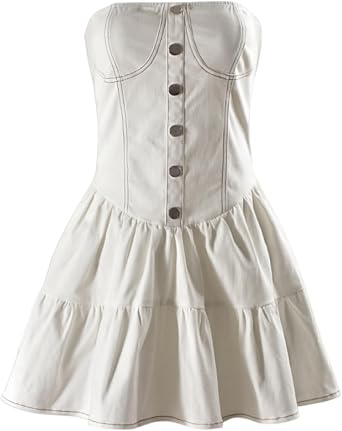 Womens Summer Casual Distressed Denim A Line Dress Tube Top Dress Fashion Jean Outfits