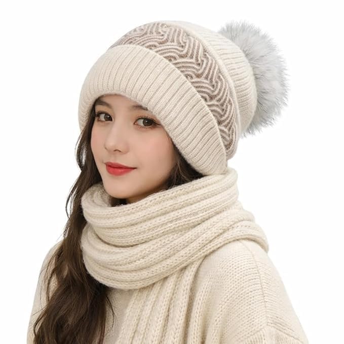 otiporter Women's Soft Knitted Winter Warm Hat Woollen Cap & with Mufflers Lovely Mufflers Combo Girl Ladies 2 in 1 Neck Scarf Windproof Ear Protection (Cream)-picture-9