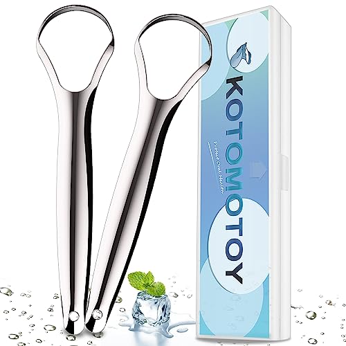 Kotomotoy Raspador de língua com estojo de viagem, pacote com 2, limpadores de língua de aço inoxidável para adultos e crianças, raspadores de língua de metal combatem o mau hálito, higiene bucal,