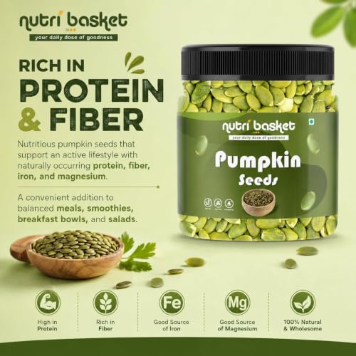 Image of NUTRIBASKET Premium Pumpkin Seeds | Raw Pepitas for Snacking, Baking & Cooking | Protein & Fiber Rich Healthy Seeds | Natural Superfood Snack | Reusable Jar Pack | Vegan & Gluten Free (400gm)