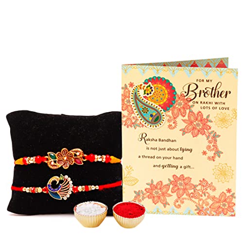 Image of ARCHIES Rakhi for Brother Rakshabandhan Combo of 2 Floral Peacock Rakhis With 1 Roli & Chawal Set-10gm & Greeting Card (Pack of 4) for Bhaiya|Bro|Bhai