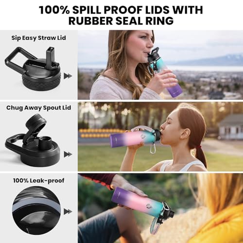 Image of RAYMYLO Insulated Water Bottle 24 oz, Triple Wall Vacuum Stainless Steel (Cold for 24Hrs, Hot for 12Hrs), Leak Proof & Non-BPA, Modern Water Flask Jug with Paracord Handle & Straw Spout Lids