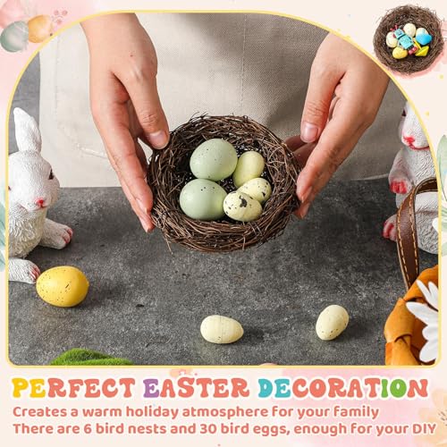 Image of Yookeer 6 Pcs Easter Bird Nest with 30 Pcs Eggs Spring Party Decoration Handmade Miniature 4 Inch Birds Nests Decorative for DIY Spring Displays and Easter Decorations(Pale Yellow,Light Green)