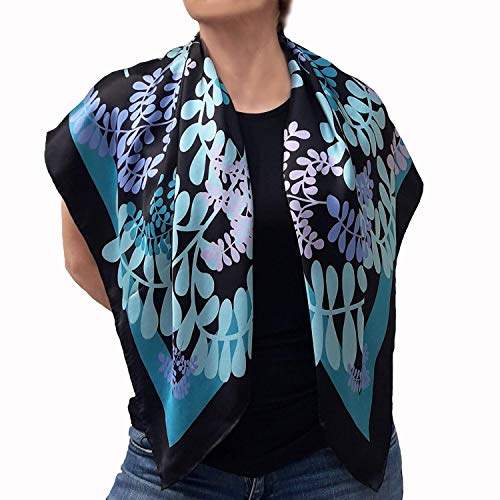 Designer Square Silk Scarf Hand Painted and Printed in Black and Turquoise Blue, Large Neckerchief, Head Shawl, Gift for Lady3
