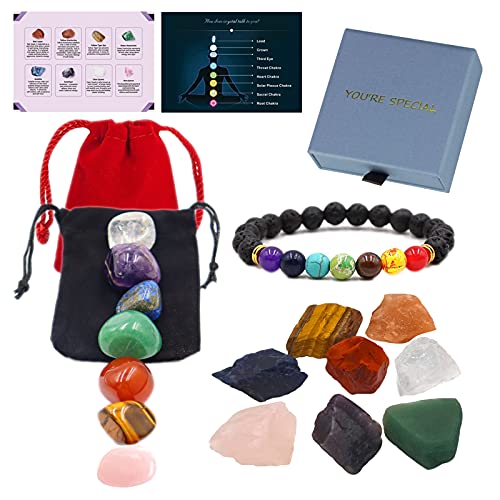 Gemstones and Crystals, Meditation Accessories Witch Stuff Chakra Crystals of Rose Quartz Amethyst Crystals, 8 raw Crystals, 7 Polished Healing Stones, 1 Reiki Supplies Witchy Gifts Crystal Bracelets