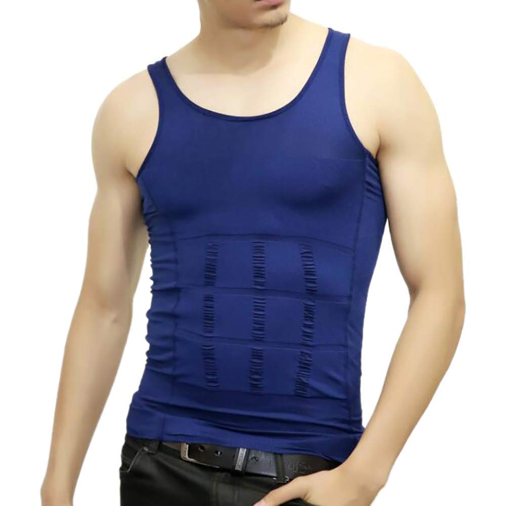 Wannge Men's Blue Slimming Body Shaper Vest Shirt, Compression Muscle Tank, M