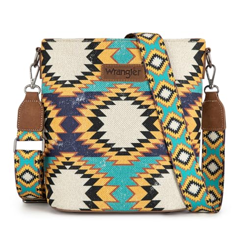 Image of Wrangler Aztec Crossbody Bags for Women Southwestern Print Canvas Shoulder Purse with Distressed Look and Adjustable Strap