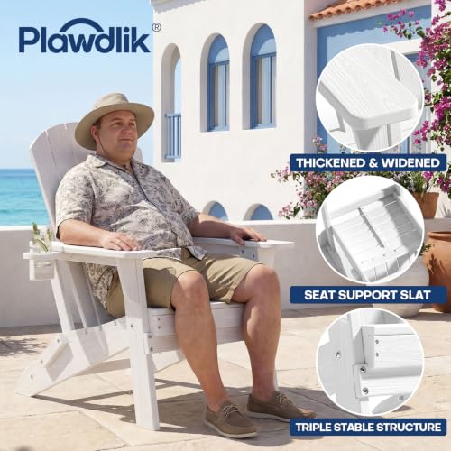 Image of Plawdlik Folding Adirondack Chair 12-piece Set, Cup Holder, White | pin-free folding, 38-in tall back, Wood-grain All-weather HDPE; for fire pit, poolside, deck, backyard, patio