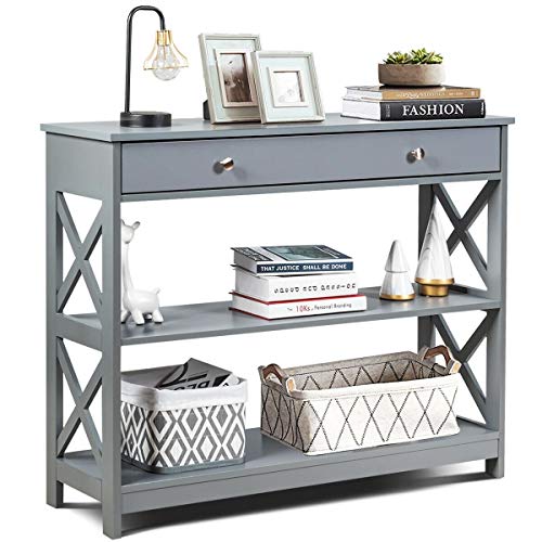 Custpromo 3-Tier Console Table X Design Bookshelf Display Rack Accent Sofa Table with 2 Drawers and Shelf for Entryway Living Room Hallway (Gray)