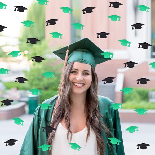 Image of Green and Black Graduation Cap Confetti 2026, Class of 2026 Table Centerpiece Grad Confetti for 2026 Graduation Party Decorations Supplies
