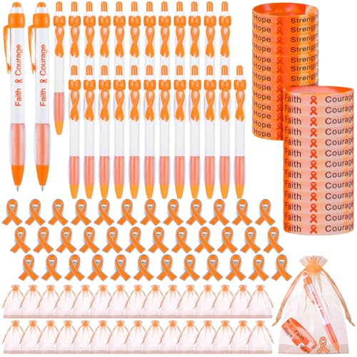 Image of Qilery 120 Pcs Leukemia Awareness Items Gifts Set - Orange Ribbon Lapel Pins, Kidney Cancer Multiple Sclerosis Awareness Bracelets, Hope Strength Retractable Pens, Organza Bag Bulk for Event Charity