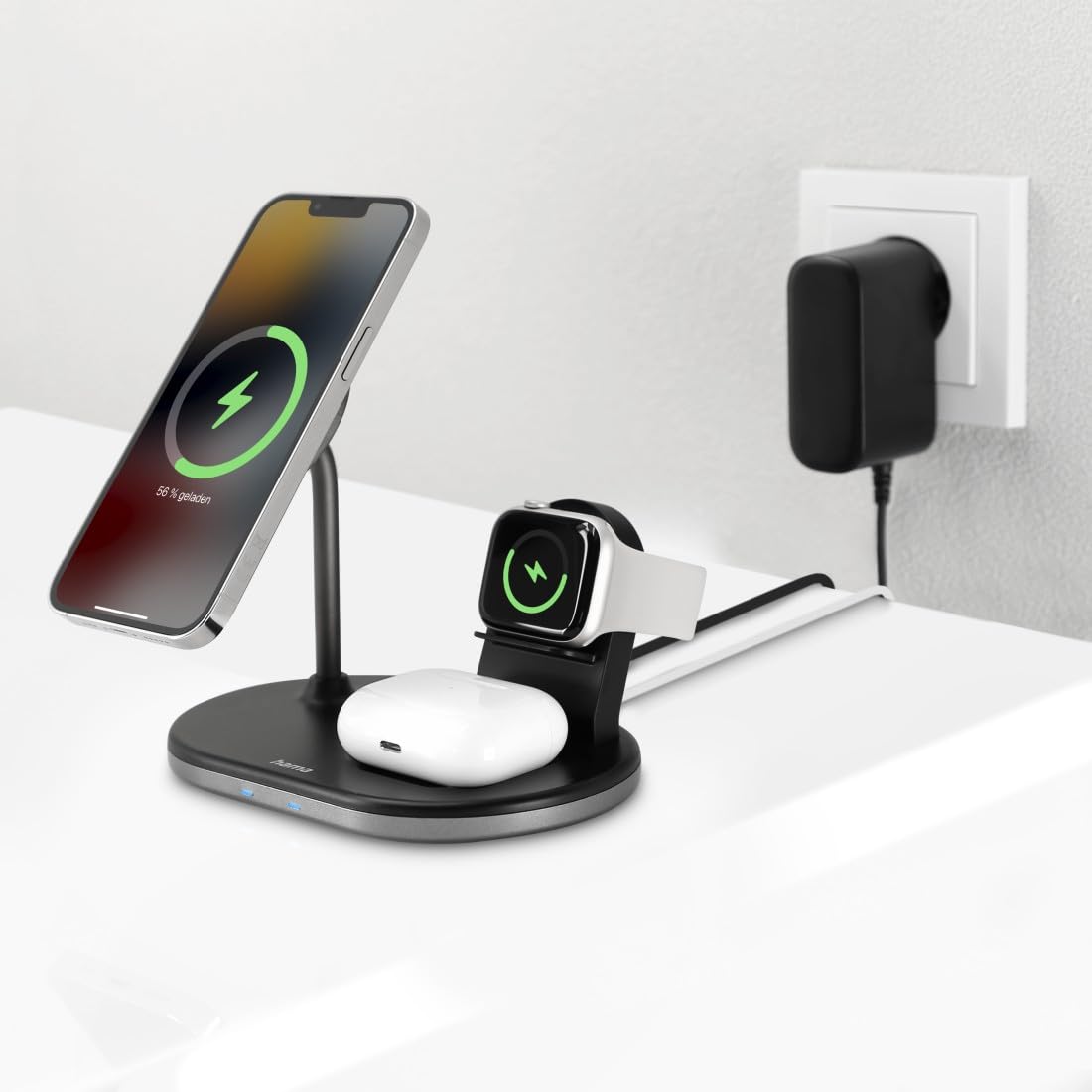 Hama MagCharge - Caricatore wireless per Apple iPhone, Apple AirPod, Apple Watch (stazione di ricarica induttiva con Quick Charge 15 W, ricarica wireless magnetica per Apple MagSafe e Hama MagLine)