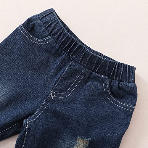 Image of Infant Toddler Baby Girl Clothes Denim Jeans Outfits 2PCS Ruffle Floral Top + Ripped Denim Girls Pants Set 6M-4T