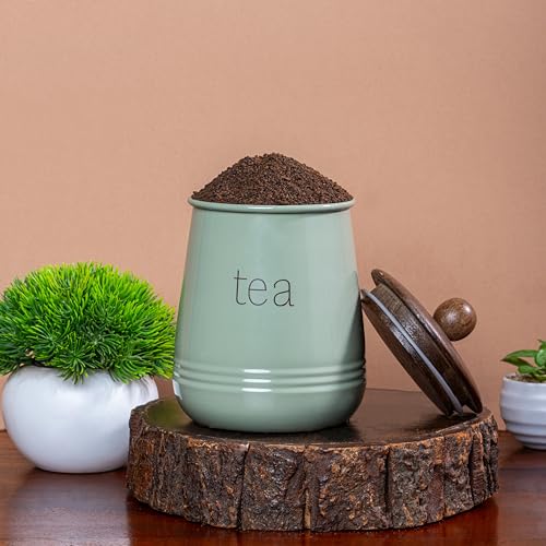 Image of Metallure Home Stylish Airtight Container Set | Sugar Tea Coffee Container Set of 3 | Metal and Wood Lid Canister for Kitchen Storage | Food-Safe Jar Set for Kitchen (Green)