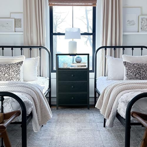 Image of BOLUO Black Night Stand with 3 Fabric Drawers, Nightstand with Charging Station LED Nightstand for Bedroom, Bedside Table with USB Ports and Outlets Modern