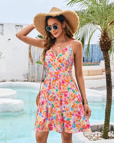 Image of STYLEWORD Womens Sundress Summer Floral Wrap V Neck Backless A-Line Casual Beach Midi Dress