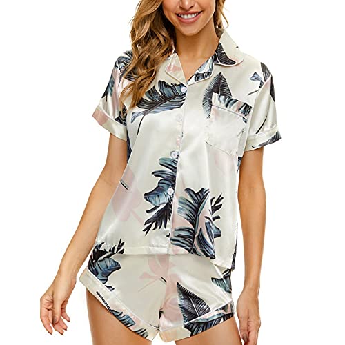 Damen Schlafanzug Mit Knöpfen - Damen Pyjamas Set Kurzarm Shirt Tops Und Shorts Nachtwäsche Zweiteilige Nachtwäsche Mit Blumendruck Sommer Lässige Loungewear Homewear, Leaf, XL Cover