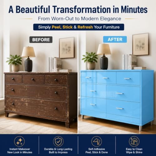 Image of HOME13 Sky Blue Glossy Wallpaper Peel & Stick Wallpaper Self Adhesive Removable Vinyl Wallpaper for Kitchen Cabinet Furniture Waterproof Countertop (12x60 Inch)