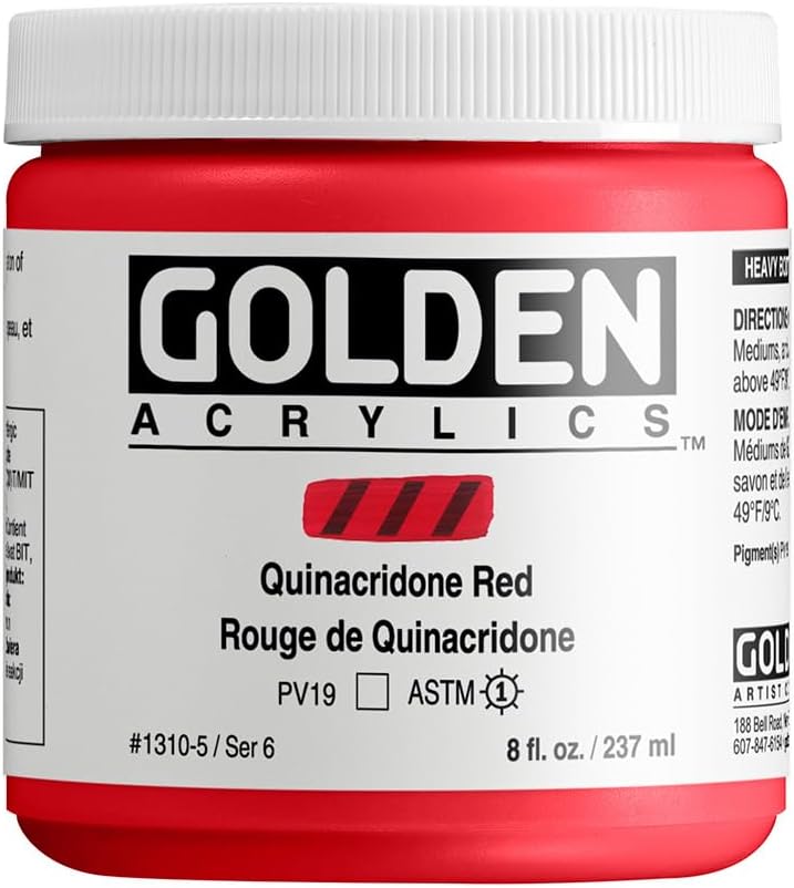Heavy Body Acrylics by GOLDEN, Quinacridone Red, 8 fl. oz. Jar, Professional Acrylic Paint, Transparent