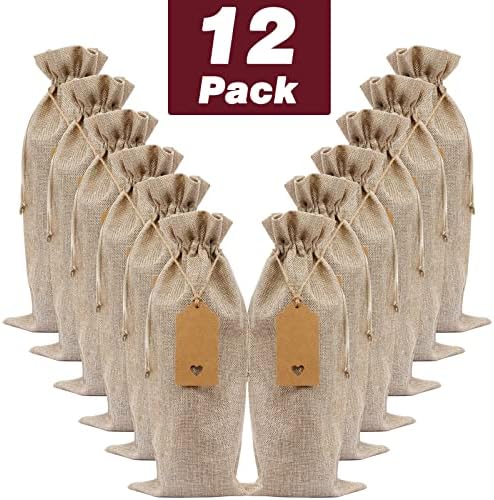 12 Pack Jute Wine Bottle Bags Gift, Multipack Burlap Bottle Bags with Tags 35 x15 cm Wine Bottle Bag for Christmas Wedding Birthday Party Teachers