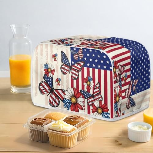 Image of Talayituse Butterfly Daisy American Flag Print Toaster Cover 4 Slice Wide Slot, 4th of July Lightweight Bread Maker Cover Dust Protection Washable Appliance Bag, M
