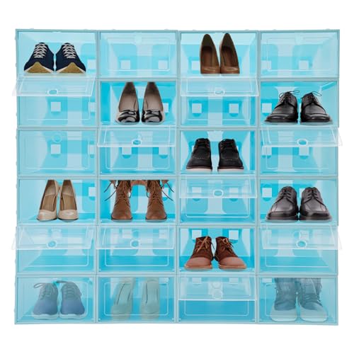 SHONFYVS 24 Pack Shoe Boxes Stackable Shoe Boxes Clear Flip Lid Shoe Boxes Boot Storage Organizer for Homes, Cloakrooms, and More for Storing Flats, Slippers, Casual Shoes(Blue)