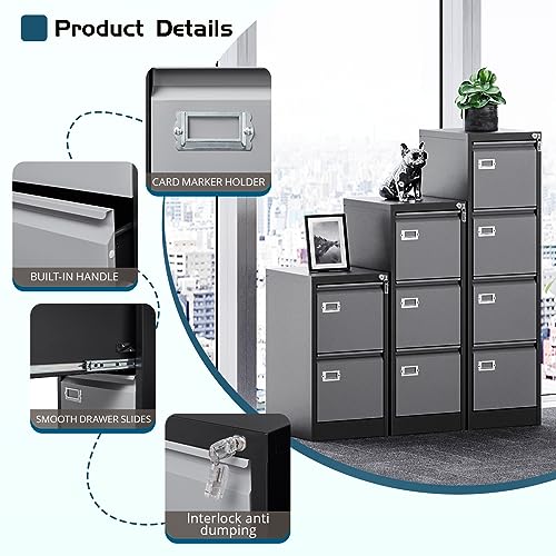Image of MIIIKO 4 Drawer File Cabinet, Metal Vertical Filing Cabinets with Lock, Home Office File Folders Storage Cabinet for Letter Legal A4 File Size