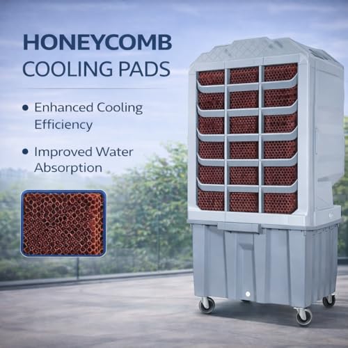 Image of ROCKSUN Hummer Desert Air Cooler | 135L Water Tank | 21+ Inch Fan | 4800 m /h Powerful Air Flow | Honeycomb Cooling Pads | Auto Swing | 350W Energy |750 ft | Heavy Duty Portable Cooler (Grey)