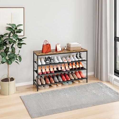 Image of INGIORDAR Shoe Rack Organizer 5 Tier Metal Organizer Shelf with Industrial MDF Board and Layer Fabric for Entryway Closet Bedroom Living Room Garage (Black+Rustic Brown, 4 Tier(47.2 inch W))