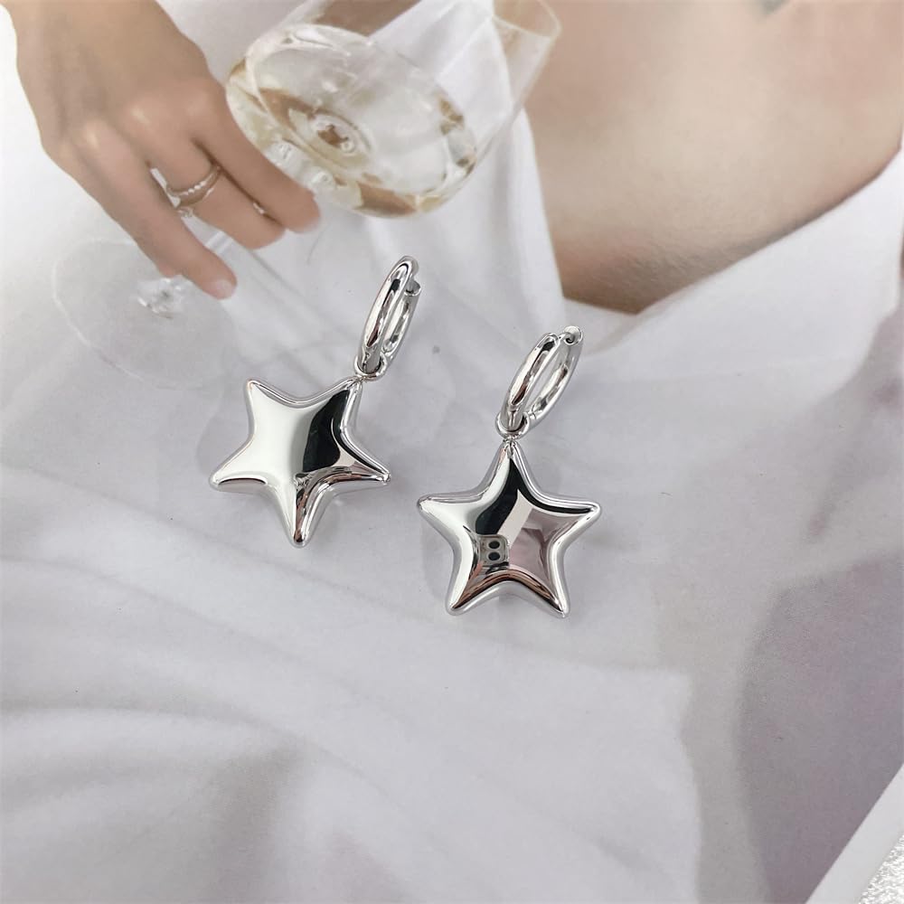 Dainty 3D Star Dangle Drop Small Hoop Earrings for Women Cute Stainless Steel Gold Silver Plated Stars Dangling Huggie Hoops Lightweight Hypoallergenic Fashion Trendy Jewelry Birthday Gift Her - Image 4