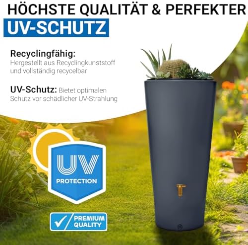 Bild 5 - 4rain Vaso 2in1 Regentonne 220 Liter Graphite Grey inkl. Pflanzschale - Regenfass, Regenwassersammler, Regenwassertonne, Regenwassertank, Wasserfass, Wassertonne, Wasserbehälter, Wassertank